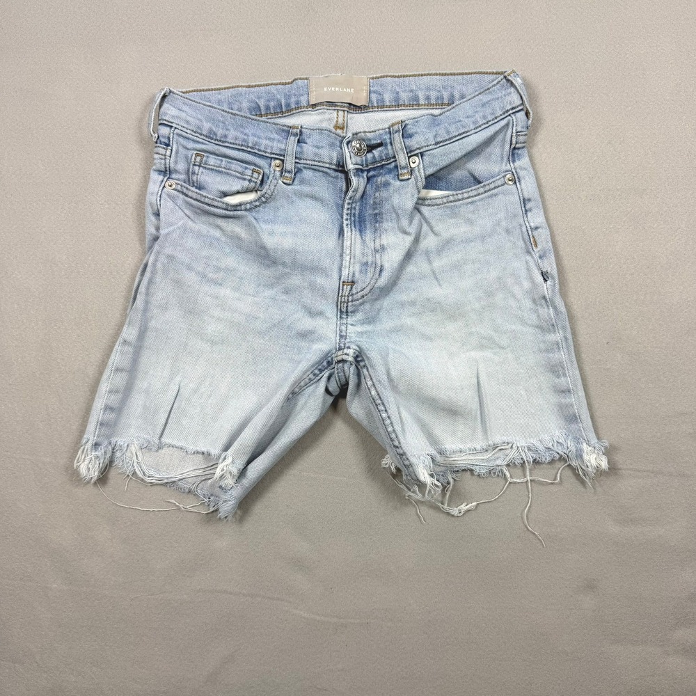 Everlane Light Wash Denim Shorts Raw Hem High Rise Stretch Size 26
